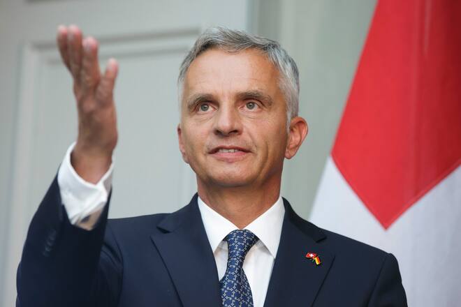 BERN, SWITZERLAND - AUGUST 17: Swiss foreign minister Didier Burkhalter  speaks to the media on August 17, 2015 in Bern, Switzerland.  (Photo by Thomas Trutschel/Photothek via Getty Images)
