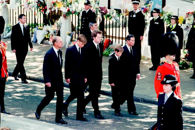 The Duke of Edinburgh, Prince William, Earl Spencer, Prince Harry, and Charles, Prince of Wales in the Funeral Procession, at Diana Princess