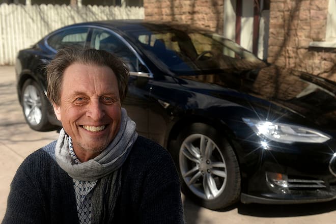 BOULDER, CO - MARCH 28: South African Errol Musk who was visiting his son Kimbal Musk in Boulder, CO on Friday, March 28, 2014. Musk is the father of billionaire entrepreneur Elon Musk. In the background is a Tesla Model S. (Denver Post Photo by Cyrus McCrimmon)