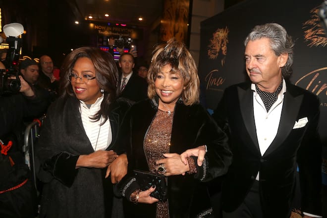 NEW YORK, NEW YORK - NOVEMBER 07: Oprah Winfrey, Tina Turner and Erwin Bach arrive at the opening night of "Tina - The Tina Turner Musical" at Lunt-Fontanne Theatre on November 07, 2019 in New York City.