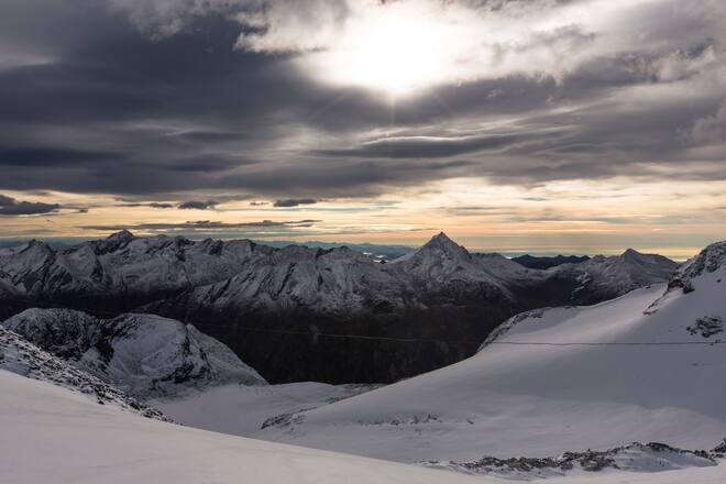 SAAS-FEE, SWITZERLAND - SEPTEMBER 16: Early morning atmosphere from the Mittel Allalin view point towards Italy on September 16, 2013 in Saas-Fee, Switzerland. (Photo by Dominic Steinmann/Getty Images)
