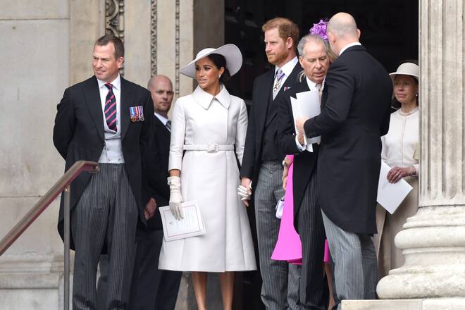 Platinum Jubilee Service of Thanksgiving Peter Phillips, Meghan, The Duchess of Sussex, Prince Harry the Duke of Sussex, Viscount Linley, Zara Tindall and Mike Tindall attending Service of Thanksgiving to celebrate the Platinum Jubilee of Her Majesty The Queen part of the Platinum Jubilee celebrations, St Pauls Cathedral. Credit: Doug Peters/EMPICS PUBLICATIONxNOTxINxUKxIRL Copyright: xDougxPetersx 67261168