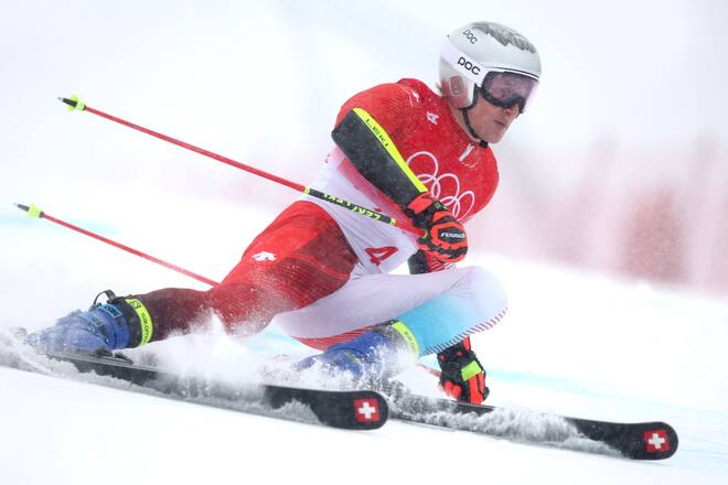 YANQING, CHINA - FEBRUARY 13: Marco Odermatt of Team Switzerland skis during the Men's Giant Slalom Run 2 on day nine of the Beijing 2022 Winter Olympic Games at National Alpine Ski Centre on February 13, 2022 in Yanqing, China. (Photo by Tom Pennington/Getty Images)