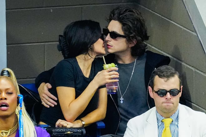 NEW YORK, NEW YORK - SEPTEMBER 10: Kylie Jenner and Timothée Chalamet are seen at the Final game with Novak Djokovic vs. Daniil Medvedev at the 2023 US Open Tennis Championships on September 10, 2023 in New York City. (Photo by Gotham/GC Images)