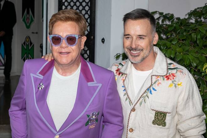 ANTIBES, FRANCE - JULY 24: (L-R) Singer Elton John and husband David Furnish attend the first âMidsummer Partyâ hosted by Elton John and David Furnish to raise funds for the Elton John Aids Foundation on July 24, 2019 in Antibes, France. (Photo by Marc Piasecki/Getty Images)