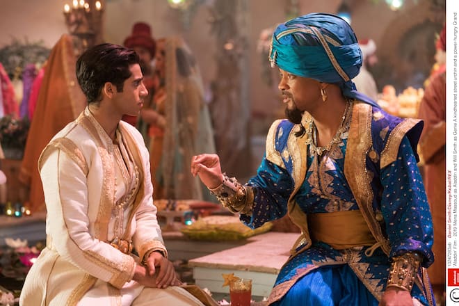 Editorial use only. No book cover usage.Mandatory Credit: Photo by Daniel Smith/Disney/Kobal/REX (10247283ab)Mena Massoud as Aladdin and Will Smith as Genie'Aladdin' Film - 2019A kindhearted street urchin and a power-hungry Grand Vizier vie for a magic lamp that has the power to make their deepest wishes come true.