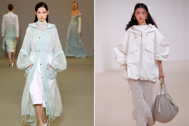 Die Modelabels Del Core (links) und Zimmermann (rechts) präsentierten bei ihren Kollektionen für Frühjahr und Sommer 2025 diese Versionen der «Wrong Coat»-Theorie.