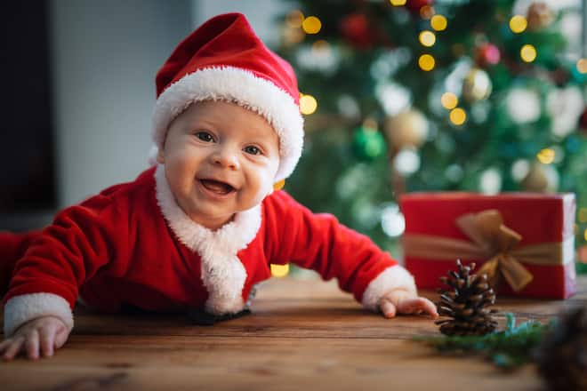 Portrait of cute baby boy with Santa Claus costume.