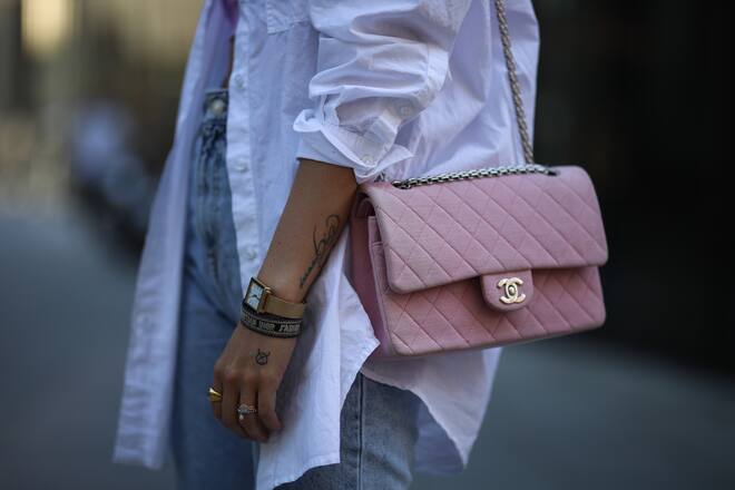 MUNICH, GERMANY - JULY 20: Christina Bischof (@christinabiluca) wearing Zara jeans, Edited blouse and Chanel bag on July 20, 2020 in Munich, Germany. (Photo by Jeremy Moeller/Getty Images)