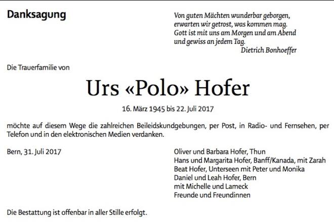Die Todesanzeige von Polo Hofer erschien am Donnerstag