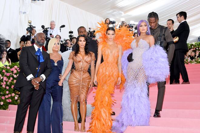 Corey Gamble, Kris Jenner, Kanye West, Kim Kardashian West, Kendall Jenner, Kylie Jenner and Travis Scott attend The 2019 Met Gala Celebrating Camp: Notes on Fashion at Metropolitan Museum of Art on May 06, 2019 in New York City. (Photo by Dia Dipasupil/FilmMagic)