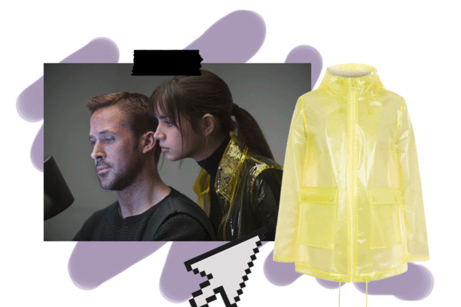 GIF-Animation: Blade Runner 2049-Charakter Joi trägt durchsichtigen Regenmantel