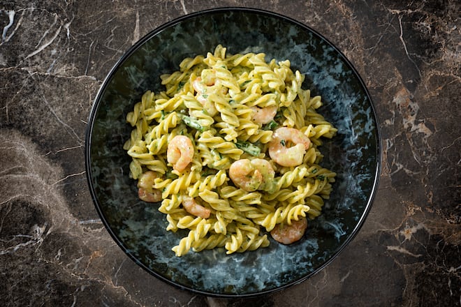 Fusilli with shrimps and pesto Sauce