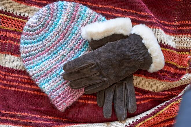 A knit cap and two warm gloves
