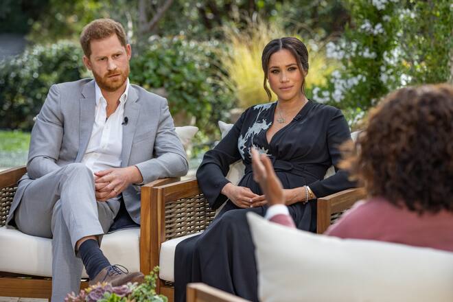 UNSPECIFIED - UNSPECIFIED: In this handout image provided by Harpo Productions and released on March 5, 2021, Oprah Winfrey interviews Prince Harry and Meghan Markle on A CBS Primetime Special premiering on CBS on March 7, 2021. (Photo by Harpo Productions/Joe Pugliese via Getty Images)