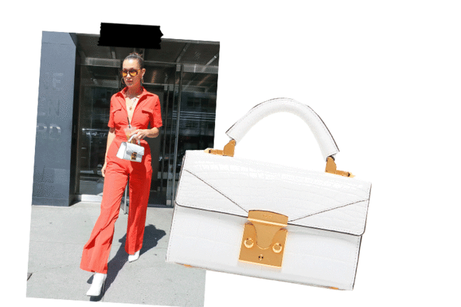 Bella Hadid besitzt eine weisse Stalvey Mini-Bag aus Aligatorleder