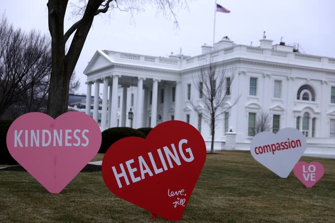 WASHINGTON, DC - FEBRUARY 12: Heart-shape signs with Valentine messages are on display on the North Lawn of the White House February 12, 2021 in Washington, DC. The office of first lady Jill Biden set up the Valentine messages to the country overnight to mark Valentineâs Day. According to a media release, Valentineâs Day has always been one of the favorite holidays of the first lady. (Photo by Alex Wong/Getty Images)