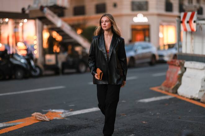 PARIS, FRANCE - SEPTEMBER 27: Isabelle Hartmann wearing a black leather blazer, a brown hermes bag and black pants on September 27, 2021 in Paris, France. (Photo by Jeremy Moeller/Getty Images)