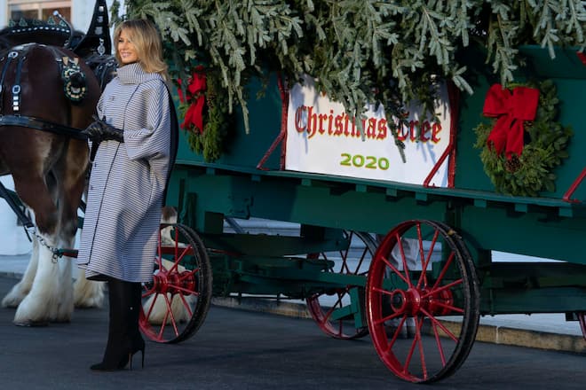 November 23, 2020 - Washington, DC, United States: First lady Melania Trump receives the 2020 White House Christmas Tree at the North Portico of the White House.(Chris Kleponis / Polaris) (FOTO:DUKAS/POLARIS)