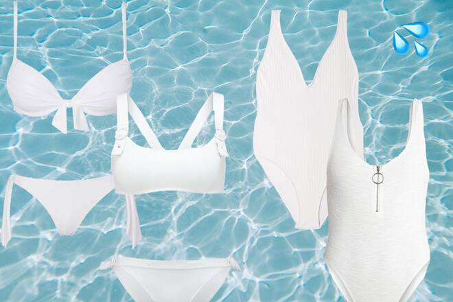 Weisse Badeanzüge und Bikinis