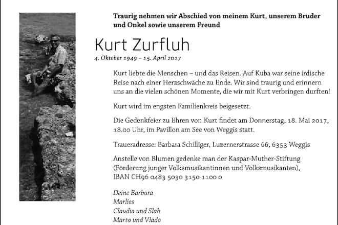 Kurt Zurfluh nach Thailand tot Freundin Barbara Schilliger Todesanzeige