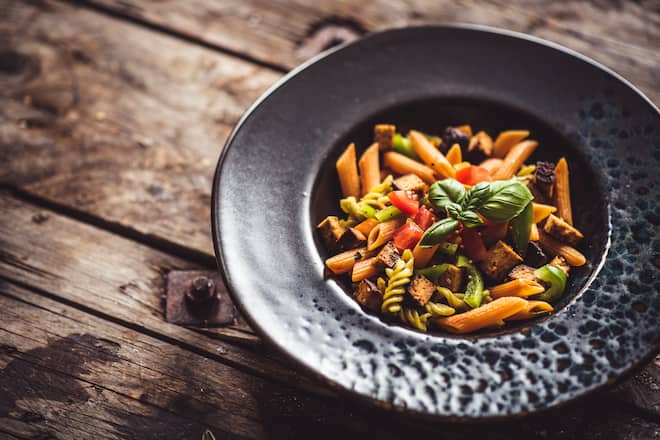 Low Carb Lentil Pasta with Vegan Pesto and roasted tofu