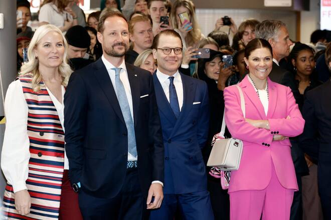 STOCKHOLM, SWEDEN - MAY 03: Crown Princess Mette-Marit of Norway, Crown Prince Haakon of Norway, Prince Daniel of Sweden and Crown Princess Victoria of Sweden tour the Fryshuset Foundation on May 03, 2022 in Stockholm, Sweden. Fryshuset Foundation is a global non-profit organization that works to achieve societal change and positive development with and for young people around the world. (Photo by Michael Campanella/Getty Images)