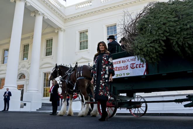 U.S. First Lady Melania Trump stands next to the White House Christmas Tree at the North Portico of the White House in Washington, D.C., U.S., on Monday, Nov. 25, 2019. Larry Snyder of Mahantongo Valley Farms presented the Pennsylvania-grown Christmas Tree to Melania Trump and the tree will be displayed in the White House Blue Room. Photographer: Andrew Harrer/Bloomberg via Getty Images
