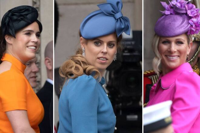 Prinzessin Eugenie, Prinzessin Beatrice und Zara Tindall (v.l.) in farbenfrohen Outfits beim Jubiläumsgottesdienst.