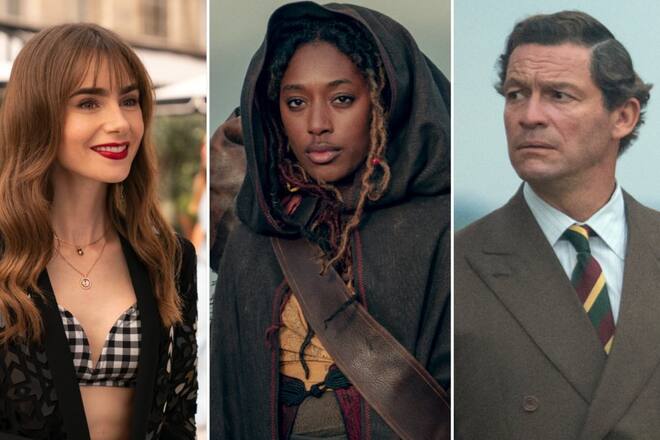 V.l.n.r.: Lily Collins in «Emily in Paris», Sophia Brown in «The Witcher: Blood Origin» und Dominic West in «The Crown».