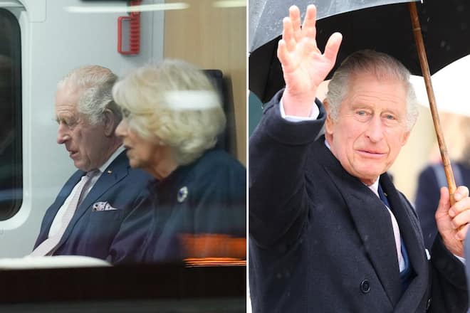 König Charles und Camilla haben es sich im ICE gemütlich gemacht. Bei der Ankunft in Hamburg war dann der Regenschirm gefragt.