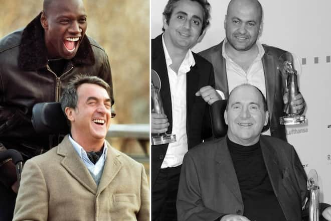 Das Foto rechts zeigt Philippe Pozzo di Borgo im Rollstuhl mit seinem Pfleger Abdel Sellou (r.) und Regisseur Éric Toledano bei einer Preisverleihung 2012 in München - das linke Bild zeigt einen Ausschnitt aus «Ziemlich beste Freunde» mit François Cluzet als Philippe und Omar Sy als Pfleger Driss.