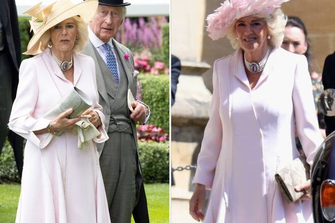 In Ascot 2023 kombinierte sie das blassrosa Mantelkleid mit einem gelben Hut (links), bei der Hochzeit 2018 wählte sie einen rosa Federhut.