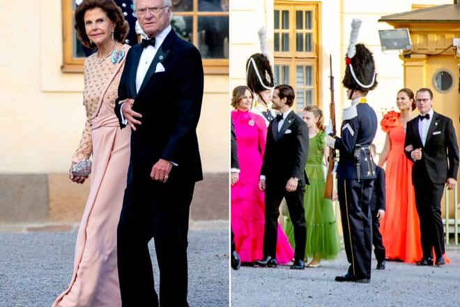 Das Königspaar und seine Dinner-Gesellschaft - unter anderem Prinzessin Sofia in Pink, Prinzessin Estelle in Moosgrün und Kronprinzessin Victoria in Orange - am Vorabend des Thonjubiläums.