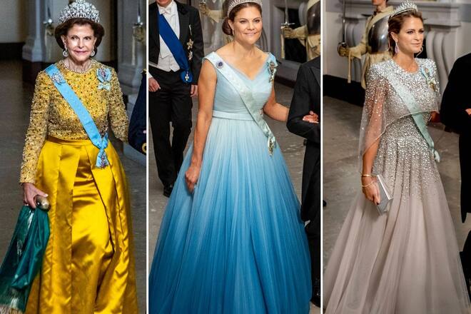 Mehr Glamour geht kaum: Königin Silvia (li.) und ihre beiden Töchter Victoria und Madeleine (re.) beim Bankett.