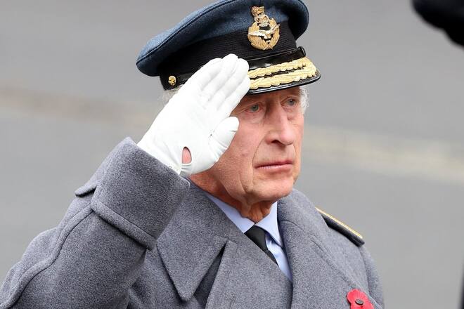 König Charles III. während des National Service of Remembrance mit einer symbolischen Mohnblume.