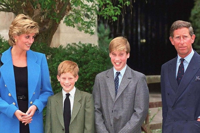 Prinzessin Diana mit ihren Söhnen Harry und William sowie Prinz Charles in Eton (v.l.).