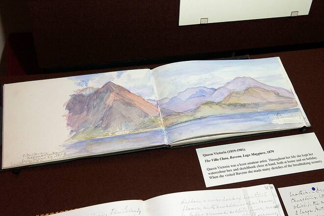 LONDON - MARCH 15: Watercolour by Queen Victoria of Lake Maggiore in Baveno is displayed as one of the Italian items from The Royal Collection shown to Carlo Ciampi, President of the Republic of Italy at the Picture Gallery, Buckingham Palace on March 15, 2005 in London, England. (Photo by Tim Graham Photo Library via Getty Images)