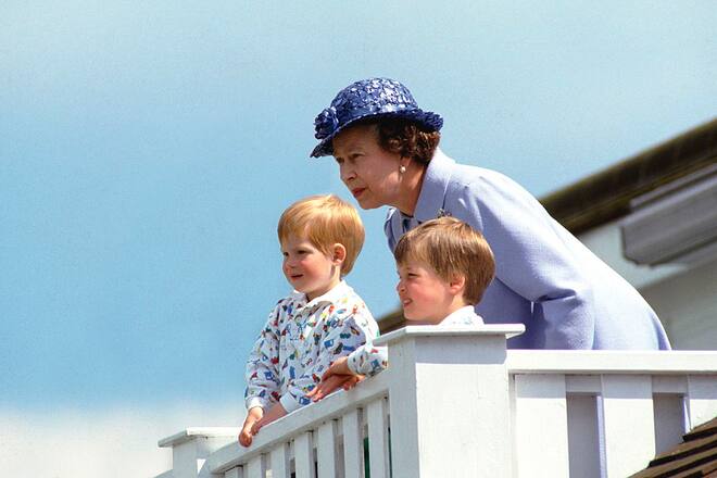 UNITED KINGDOM - JUNE 14: The Queen With Prince William And Prince Harry In The Royal Box At Guards Polo Club, Smiths Lawn, Windsor (Photo by Tim Graham Photo Library via Getty Images)