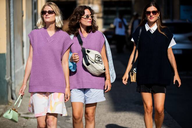 COPENHAGEN, DENMARK - AUGUST 11: Guests wearing purple and blue Keiko vest 11250, shorts, Chanel bag are seen outside Samsøe & Samsøe during Copenhagen Fashion Week Spring/Summer 2021 on August 11, 2020 in Copenhagen, Denmark. (Photo by Christian Vierig/Getty Images)