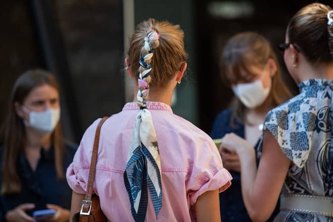 COPENHAGEN, DENMARK - AUGUST 11: A guest with pigtail and braid, hairband is seen outside Samsøe & Samsøe during Copenhagen Fashion Week Spring/Summer 2021 on August 11, 2020 in Copenhagen, Denmark. (Photo by Christian Vierig/Getty Images)