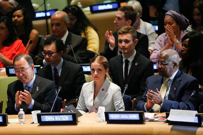 NEW YORK, NY - SEPTEMBER 20: UN Women Goodwill Ambassador Emma Watson (C ) attends the HeForShe campaign launch at the United Nations on September 20, 2014 in New York, New York. (Photo by Eduardo Munoz Alvarez/Getty Images)