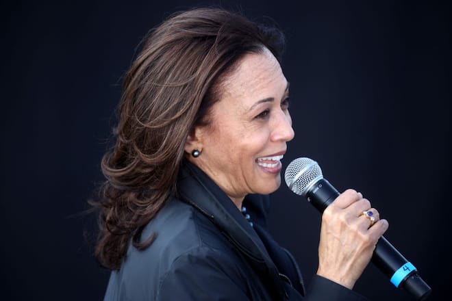 DULUTH, GEORGIA - NOVEMBER 01: Democratic Vice Presidential Nominee Sen. Kamala Harris (D-CA) speaks during a drive-in campaign event at the Infinite Energy Center on November 01, 2020 in Duluth, Georgia. With two days to go until election day, Kamala Harris is campaigning in Georgia.