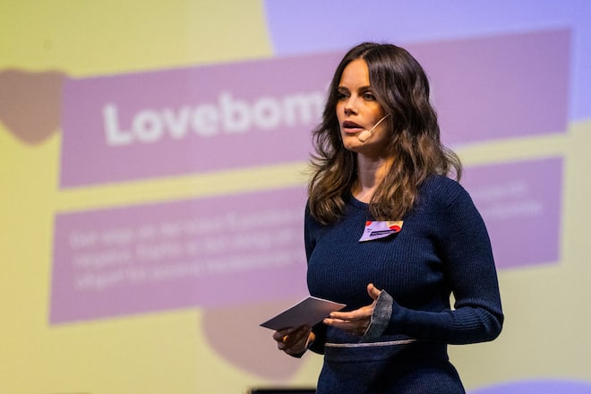 STOCKHOLM, SWEDEN - NOVEMBER 01: Princess Sofia of Sweden gives a speech while attending the launch of the digital installation No To Net Hate 2.0 at Fotografiska on November 1, 2021 in Stockholm, Sweden. (Photo by Michael Campanella/Getty Images)