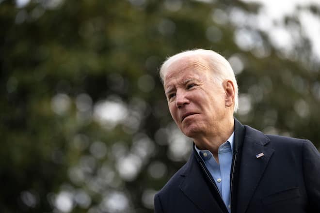 WASHINGTON, DC - DECEMBER 15: U.S. President Joe Biden speaks to reporters as he walks to Marine One on the South Lawn of the White House December 15, 2021 in Washington, DC. President Biden is traveling to Kentucky on Wednesday, where he will visit some of the towns hit hardest by the recent deadly tornados that struck the region. (Photo by Drew Angerer/Getty Images)