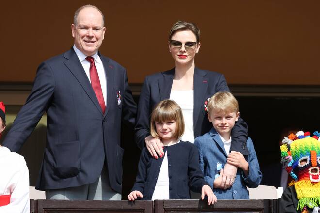 MONACO, MONACO - APRIL 22: (EDITOR'S NOTE : NO TABLOIDS WEB & PRINT, NO DAILY MAIL, NO DAILY MAIL GROUP, NO VOICI, NO CLOSER) (L-R) Prince Albert II of Monaco, Princess Charlene of Monaco, Princess Gabriella of Monaco and Prince Jacques of Monaco attend the Sainte Devote Rugby Tournament on April 22, 2023 in Monaco, Monaco. (Photo by Pascal Le Segretain/SC Pool - Corbis/Corbis via Getty Images)