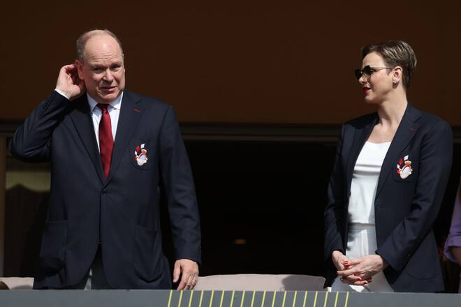 MONACO, MONACO - APRIL 22: (EDITOR'S NOTE : NO TABLOIDS WEB & PRINT, NO DAILY MAIL, NO DAILY MAIL GROUP, NO VOICI, NO CLOSER) Prince Albert II of Monaco and Princess Charlene of Monaco attend the Sainte Devote Rugby Tournament In Monaco on April 22, 2023 in Monaco, Monaco. (Photo by Pascal Le Segretain/Getty Images)