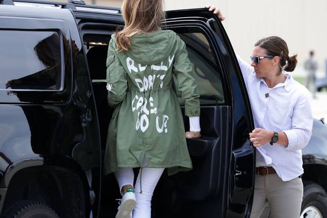 U.S. first lady Melania Trump (C) climbs back into her motorcade after traveling to Texas to visit facilities that house and care for children taken from their parents at the U.S.-Mexico border June 21, 2018