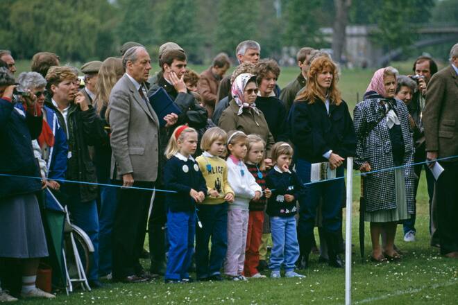 Zara Phillips, Queen Elizabeth II, Prince Andrew and Sarah, Duchess of York at the Royal Windsor Horse Show, UK, 16th May 1987. (Photo by Georges De Keerle/Getty Images)