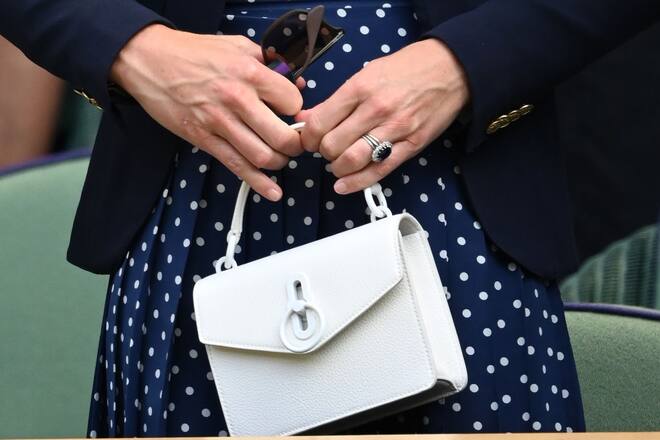 LONDON, ENGLAND - JULY 02: Catherine, Duchess of Cambridge, bag detail, attends the Wimbledon Tennis Championships at the All England Lawn Tennis and Croquet Club on July 02, 2021 in London, England. (Photo by Karwai Tang/WireImage)